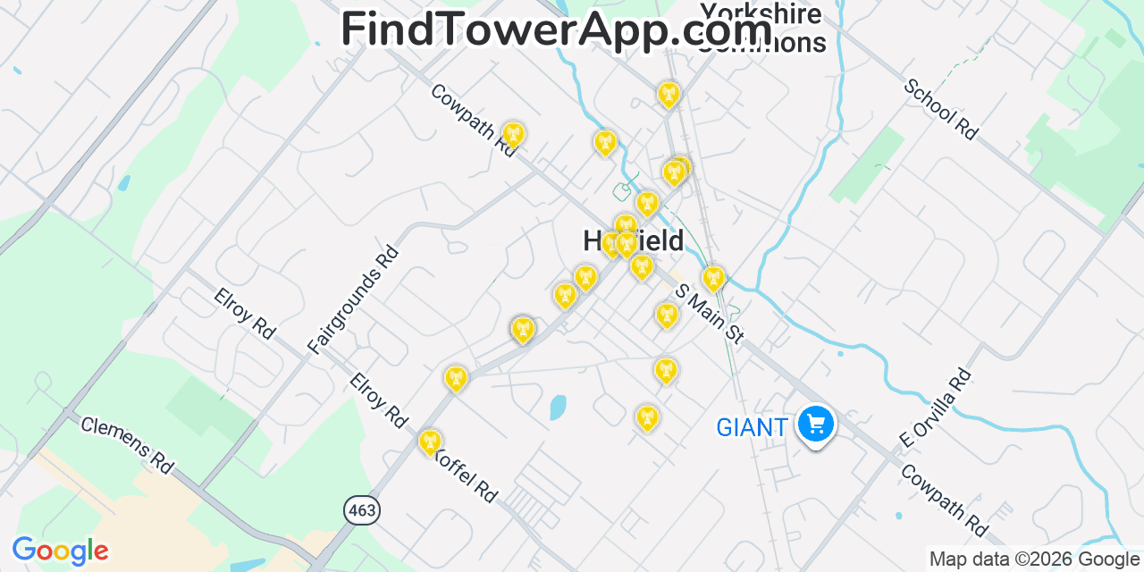 Map showing the 20 primary cell tower locations detected in Hatfield, Pennsylvania from AT&T, Verizon, and T-Mobile networks
