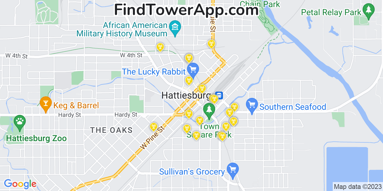 AT&T 4G/5G cell tower coverage map Hattiesburg, Mississippi