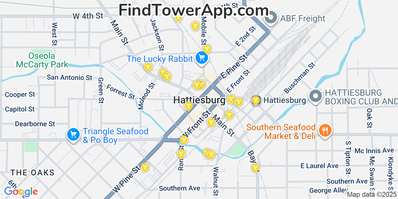 Map showing the 20 primary cell tower locations detected in Hattiesburg, Mississippi from AT&T, Verizon, and T-Mobile networks