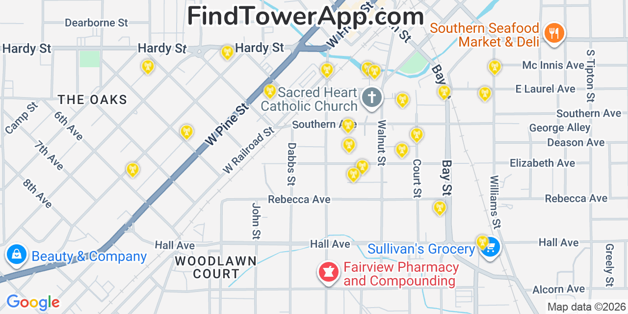 Map showing the 20 primary cell tower locations detected in Hattiesburg, Mississippi from AT&T, Verizon, and T-Mobile networks