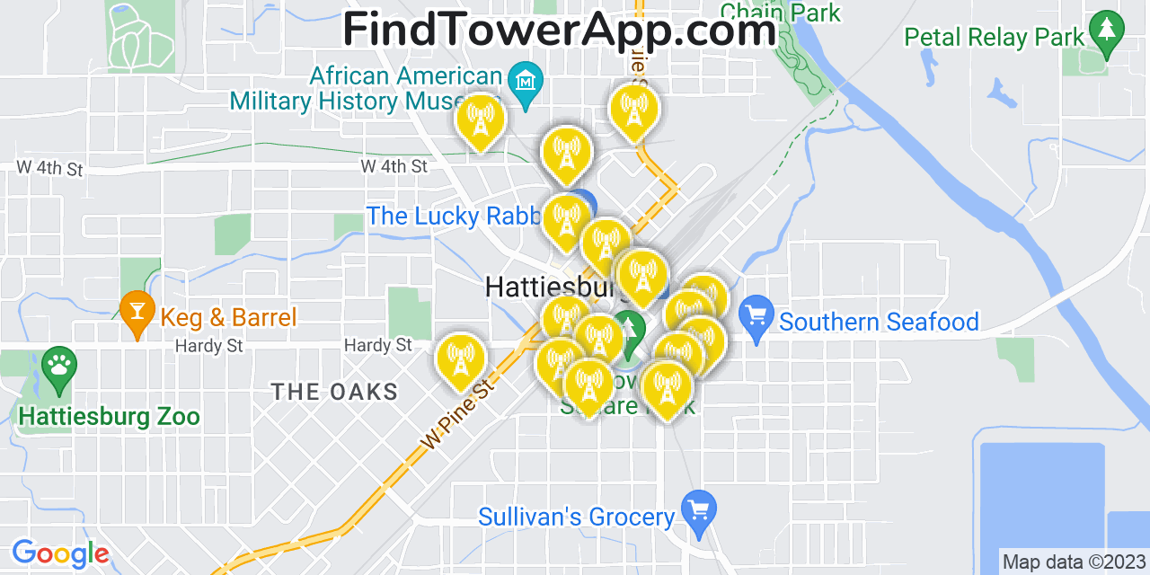 Verizon 4G/5G cell tower coverage map Hattiesburg, Mississippi