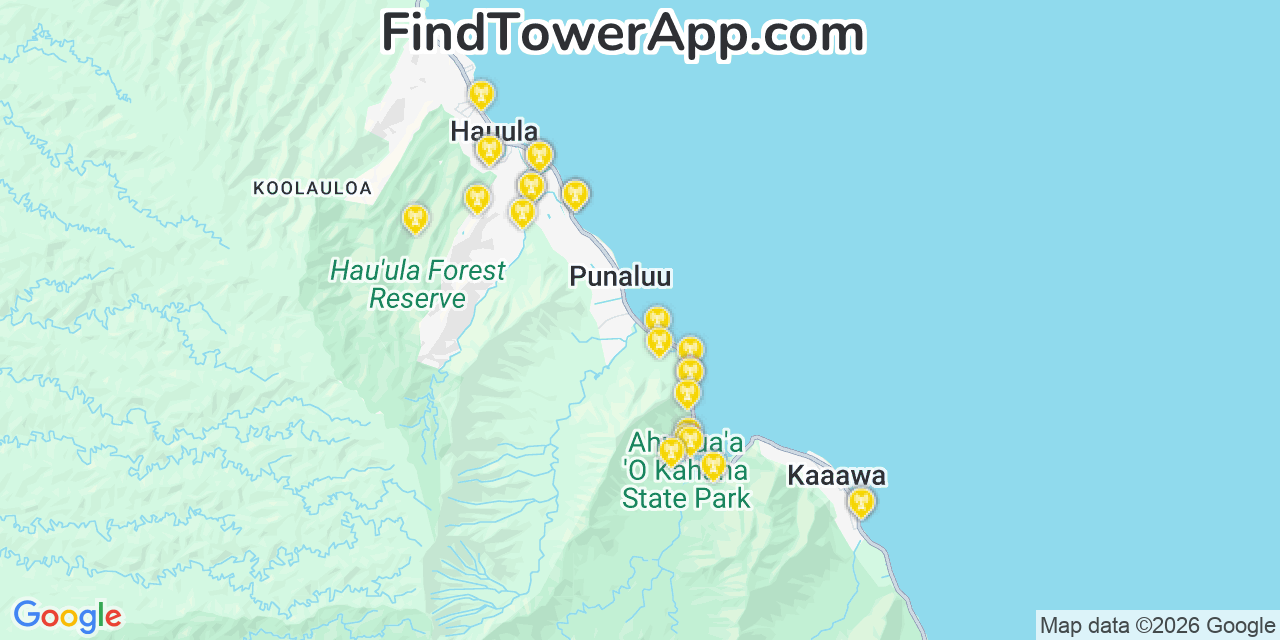 Map showing the 25 primary AT&T cell tower locations detected in Hau�Ula, Hawaii with coverage radius and signal strength indicators