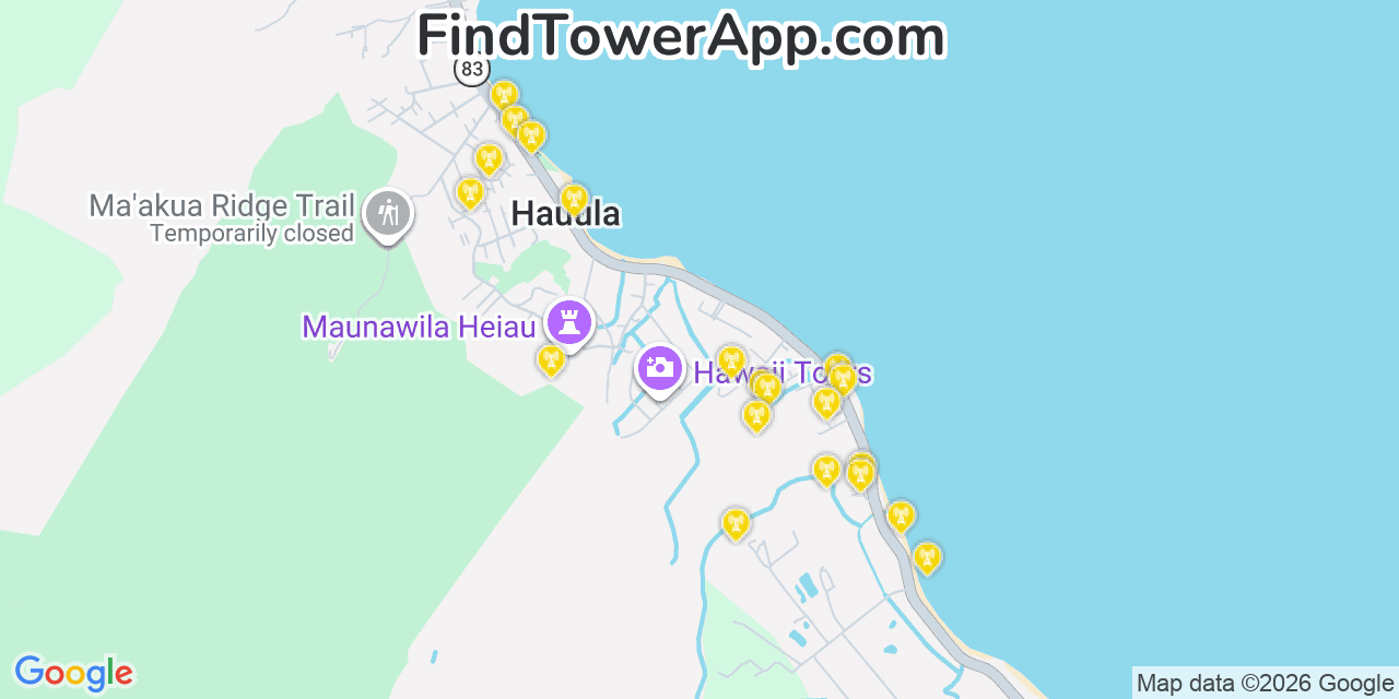 Map showing the 20 primary cell tower locations detected in Hau�Ula, Hawaii from AT&T, Verizon, and T-Mobile networks