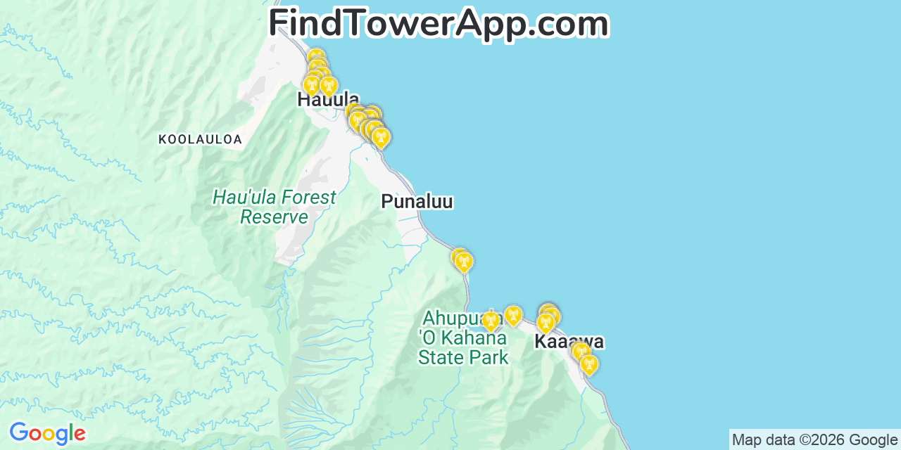 Map showing the 36 primary T-Mobile cell tower locations detected in Hau�Ula, Hawaii with coverage radius and signal strength indicators