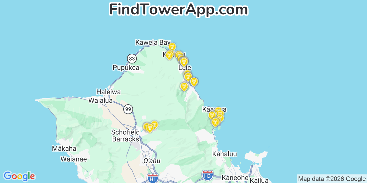 Map showing the 34 primary Verizon cell tower locations detected in Hau�Ula, Hawaii with coverage radius and signal strength indicators