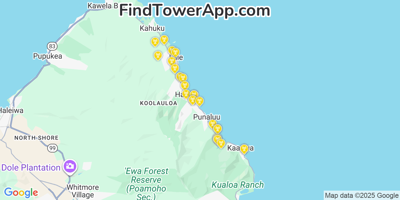Map showing the 25 primary AT&T cell tower locations detected in Hau‘ula, Hawaii with coverage radius and signal strength indicators