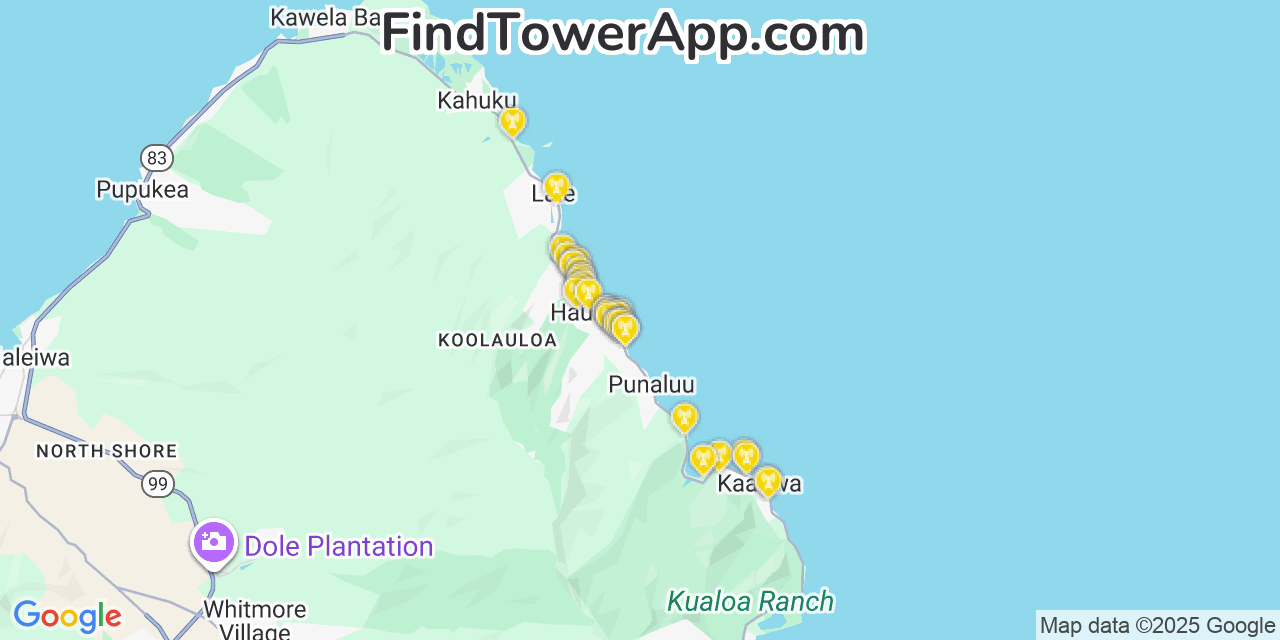 Map showing the 36 primary T-Mobile cell tower locations detected in Hau‘ula, Hawaii with coverage radius and signal strength indicators