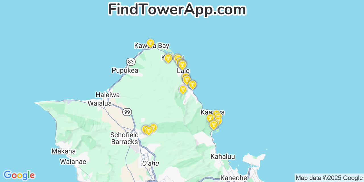 Map showing the 34 primary Verizon cell tower locations detected in Hau‘ula, Hawaii with coverage radius and signal strength indicators
