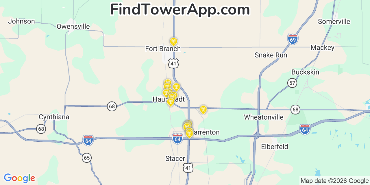 Map showing the 20 primary cell tower locations detected in Haubstadt, Indiana from AT&T, Verizon, and T-Mobile networks