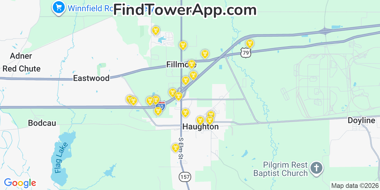 Map showing the 20 primary cell tower locations detected in Haughton, Louisiana from AT&T, Verizon, and T-Mobile networks