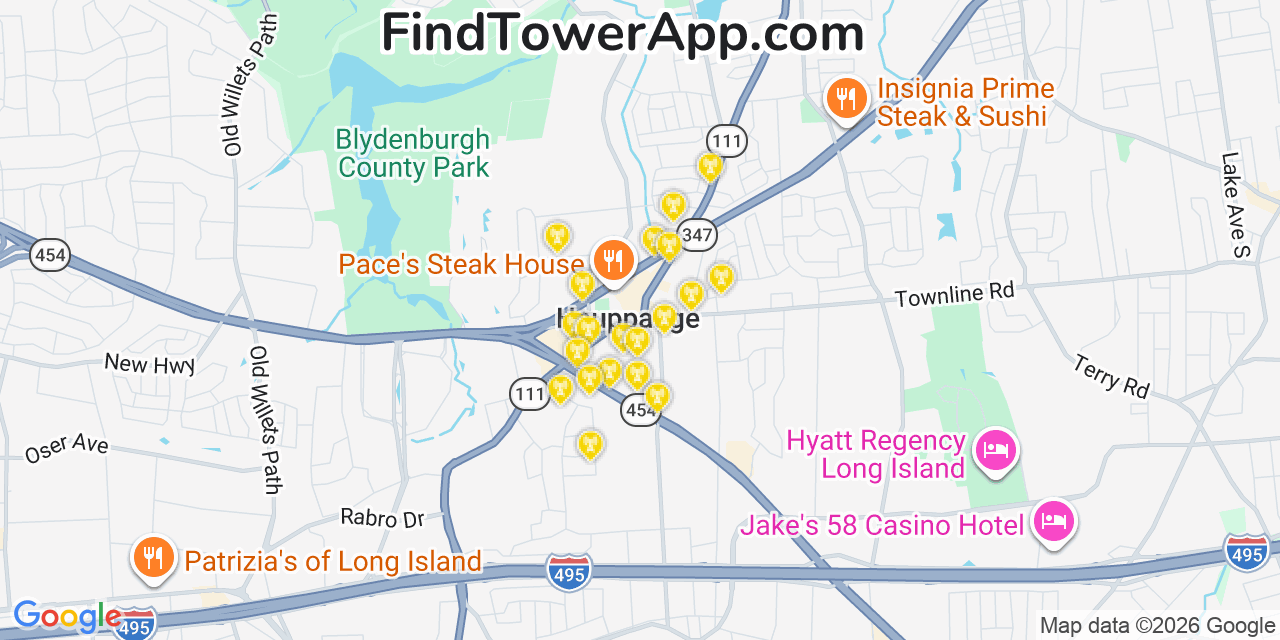 Map showing the 20 primary cell tower locations detected in Hauppauge, New York from AT&T, Verizon, and T-Mobile networks