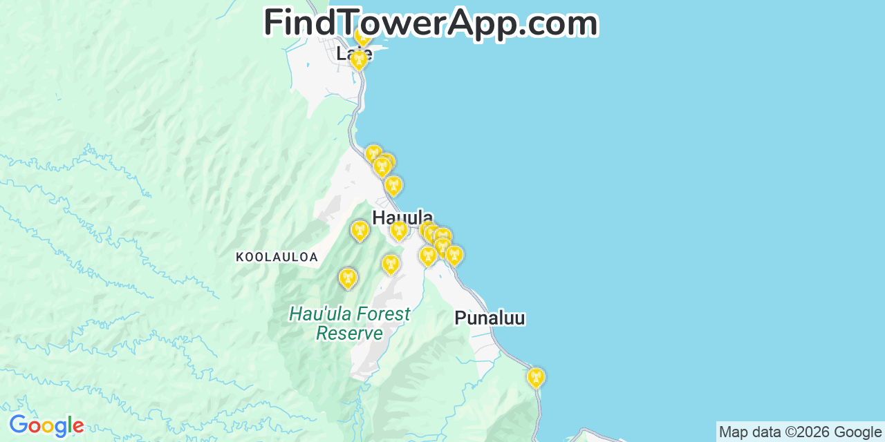 Map showing the 20 primary cell tower locations detected in Hauula, Hawaii from AT&T, Verizon, and T-Mobile networks