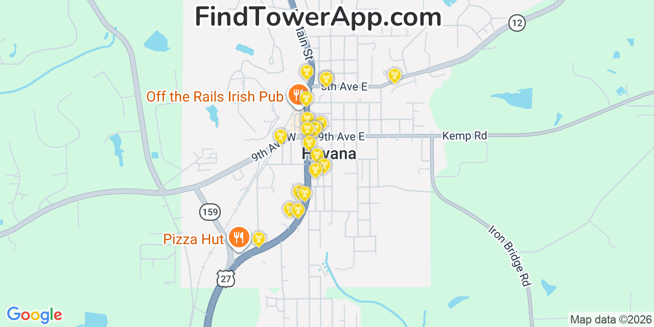 Map showing the 20 primary cell tower locations detected in Havana, Florida from AT&T, Verizon, and T-Mobile networks