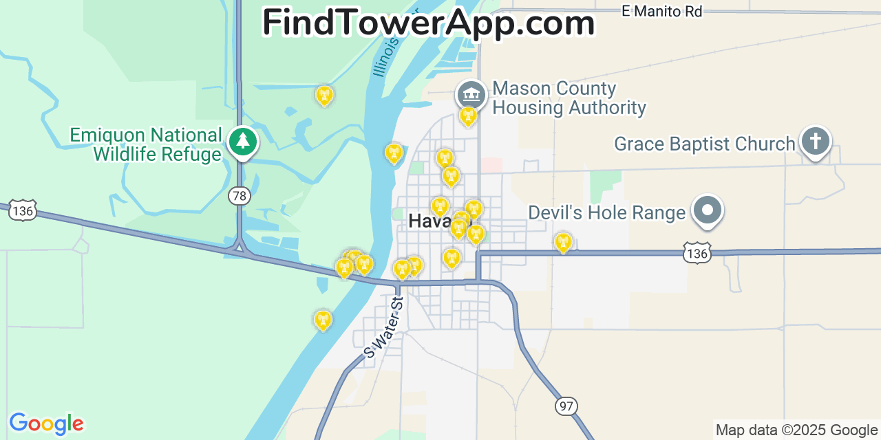 Map showing the 20 primary cell tower locations detected in Havana, Illinois from AT&T, Verizon, and T-Mobile networks