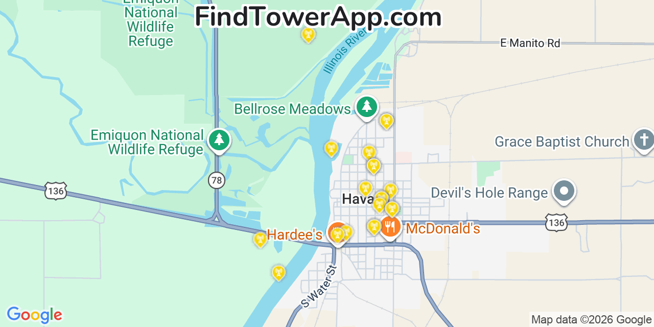 Map showing the 20 primary cell tower locations detected in Havana, Illinois from AT&T, Verizon, and T-Mobile networks