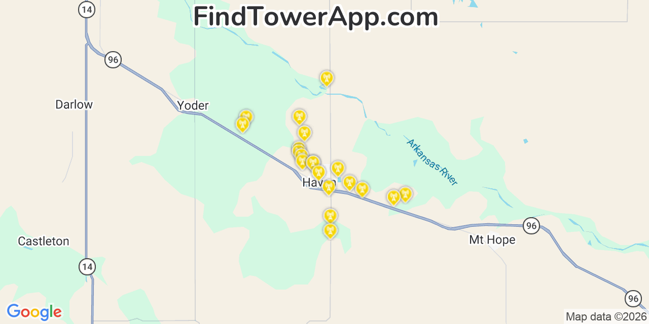 Map showing the 20 primary cell tower locations detected in Haven, Kansas from AT&T, Verizon, and T-Mobile networks