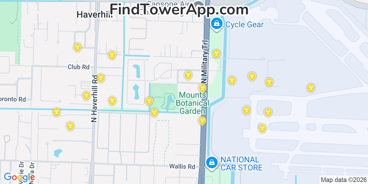 Map showing the 20 primary cell tower locations detected in Haverhill, Florida from AT&T, Verizon, and T-Mobile networks