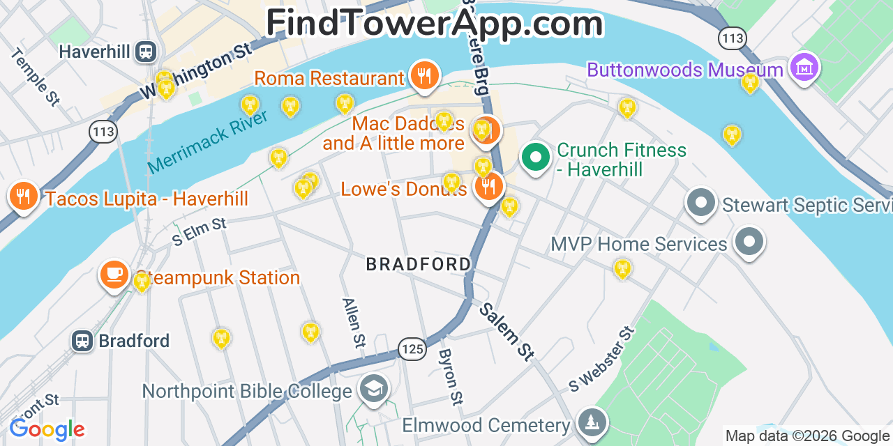 Map showing the 20 primary cell tower locations detected in Haverhill, Massachusetts from AT&T, Verizon, and T-Mobile networks