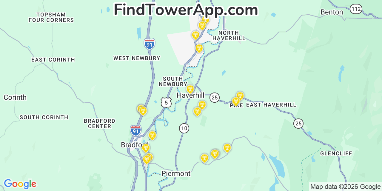 Map showing the 20 primary cell tower locations detected in Haverhill, New Hampshire from AT&T, Verizon, and T-Mobile networks