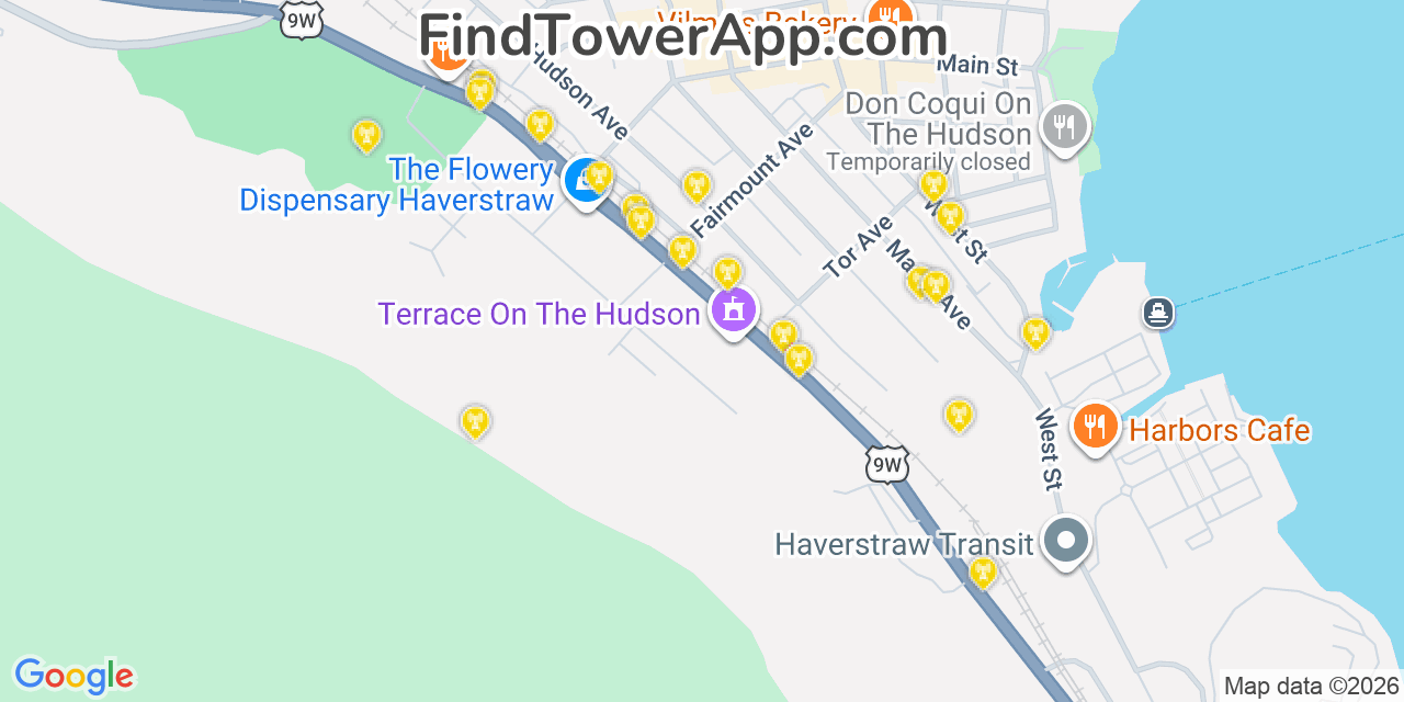 Map showing the 20 primary cell tower locations detected in Haverstraw, New York from AT&T, Verizon, and T-Mobile networks