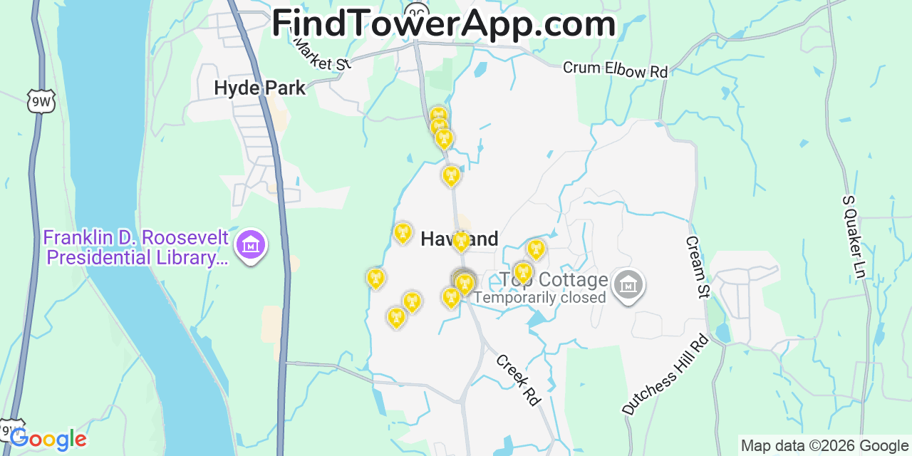 Map showing the 20 primary cell tower locations detected in Haviland, New York from AT&T, Verizon, and T-Mobile networks