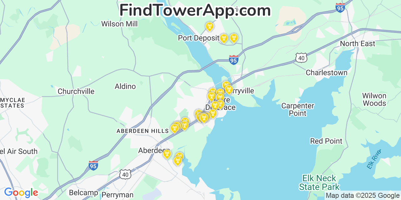 Map showing the 28 primary AT&T cell tower locations detected in Havre De Grace, Maryland with coverage radius and signal strength indicators