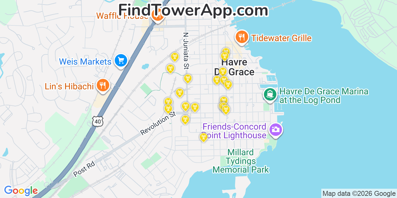 Map showing the 20 primary cell tower locations detected in Havre De Grace, Maryland from AT&T, Verizon, and T-Mobile networks