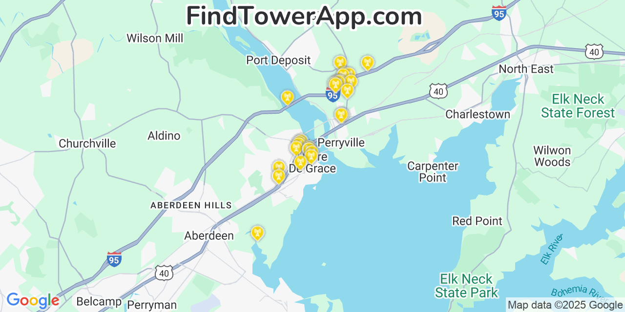 Map showing the 28 primary Verizon cell tower locations detected in Havre De Grace, Maryland with coverage radius and signal strength indicators