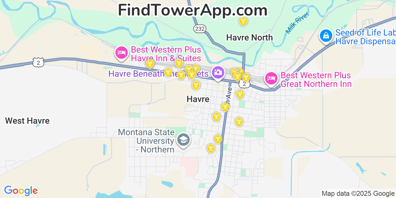 Map showing the 20 primary cell tower locations detected in Havre, Montana from AT&T, Verizon, and T-Mobile networks