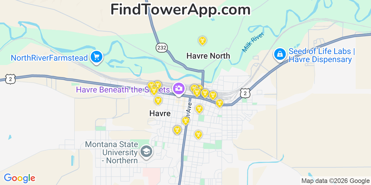 Map showing the 20 primary cell tower locations detected in Havre, Montana from AT&T, Verizon, and T-Mobile networks