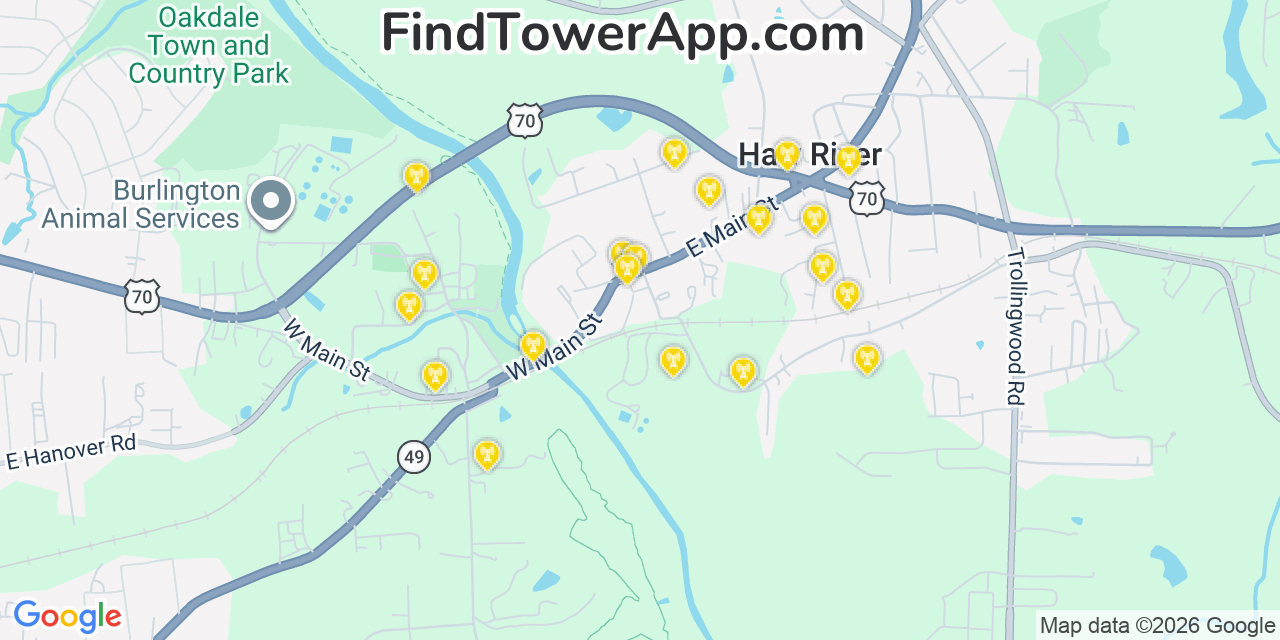 Map showing the 20 primary cell tower locations detected in Haw River, North Carolina from AT&T, Verizon, and T-Mobile networks