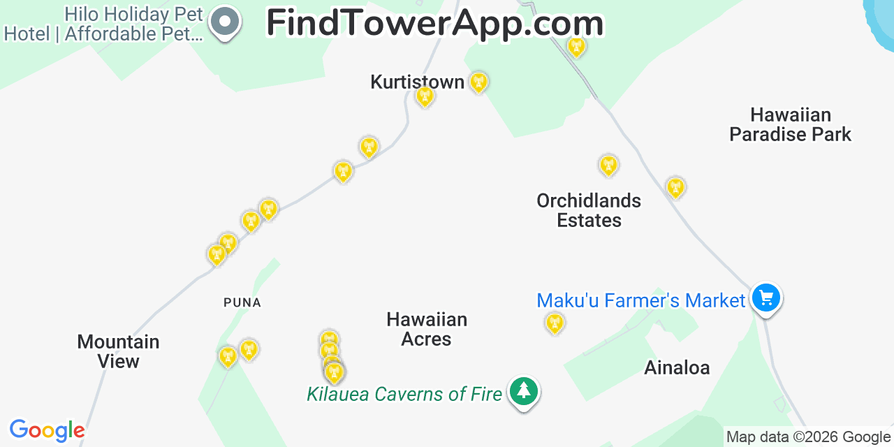 Map showing the 20 primary cell tower locations detected in Hawaiian Acres, Hawaii from AT&T, Verizon, and T-Mobile networks