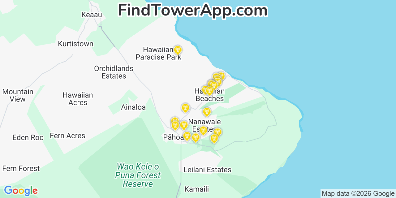 Map showing the 20 primary cell tower locations detected in Hawaiian Beaches, Hawaii from AT&T, Verizon, and T-Mobile networks