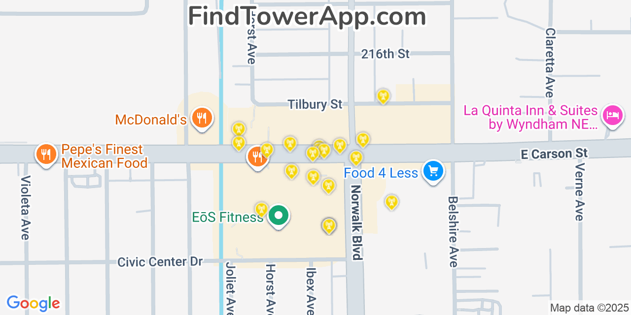 Map showing the 20 primary cell tower locations detected in Hawaiian Gardens, California from AT&T, Verizon, and T-Mobile networks