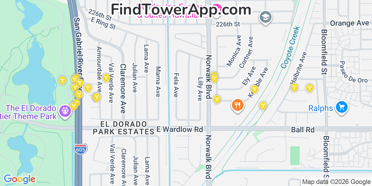 Map showing the 20 primary cell tower locations detected in Hawaiian Gardens, California from AT&T, Verizon, and T-Mobile networks