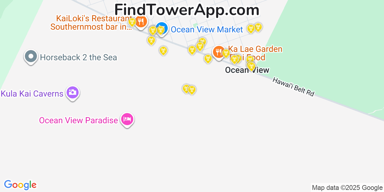 Map showing the 20 primary cell tower locations detected in Hawaiian Ocean View, Hawaii from AT&T, Verizon, and T-Mobile networks