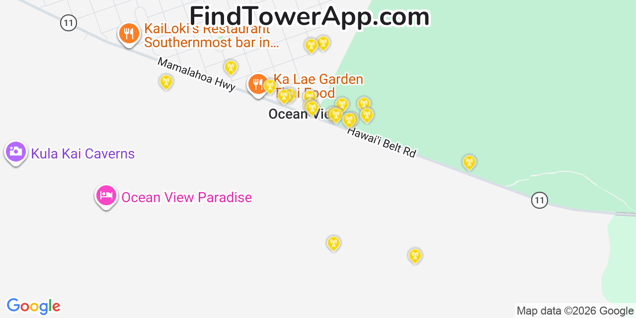 Map showing the 20 primary cell tower locations detected in Hawaiian Ocean View, Hawaii from AT&T, Verizon, and T-Mobile networks