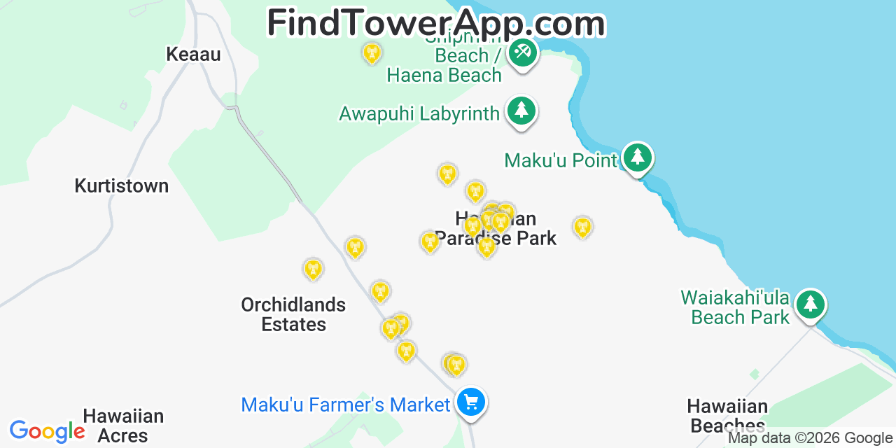Map showing the 20 primary cell tower locations detected in Hawaiian Paradise Park, Hawaii from AT&T, Verizon, and T-Mobile networks