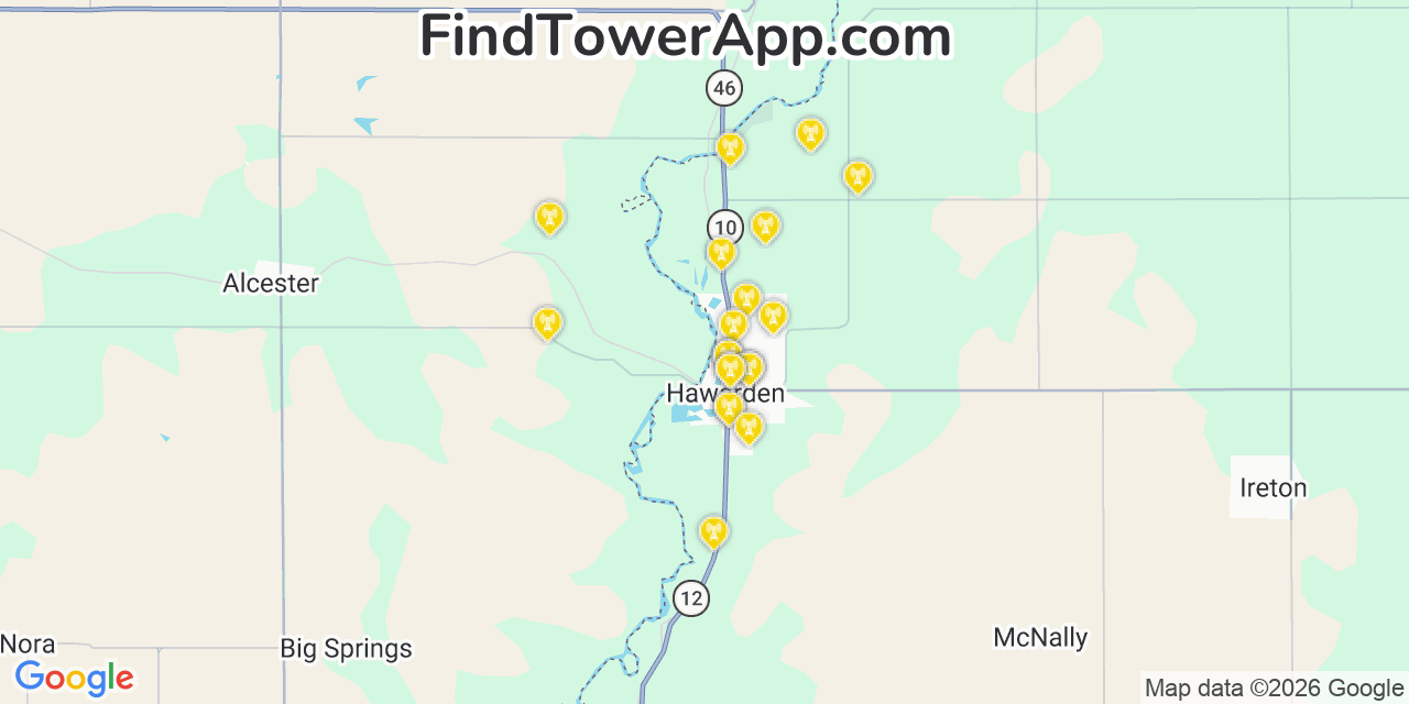 Map showing the 20 primary cell tower locations detected in Hawarden, Iowa from AT&T, Verizon, and T-Mobile networks