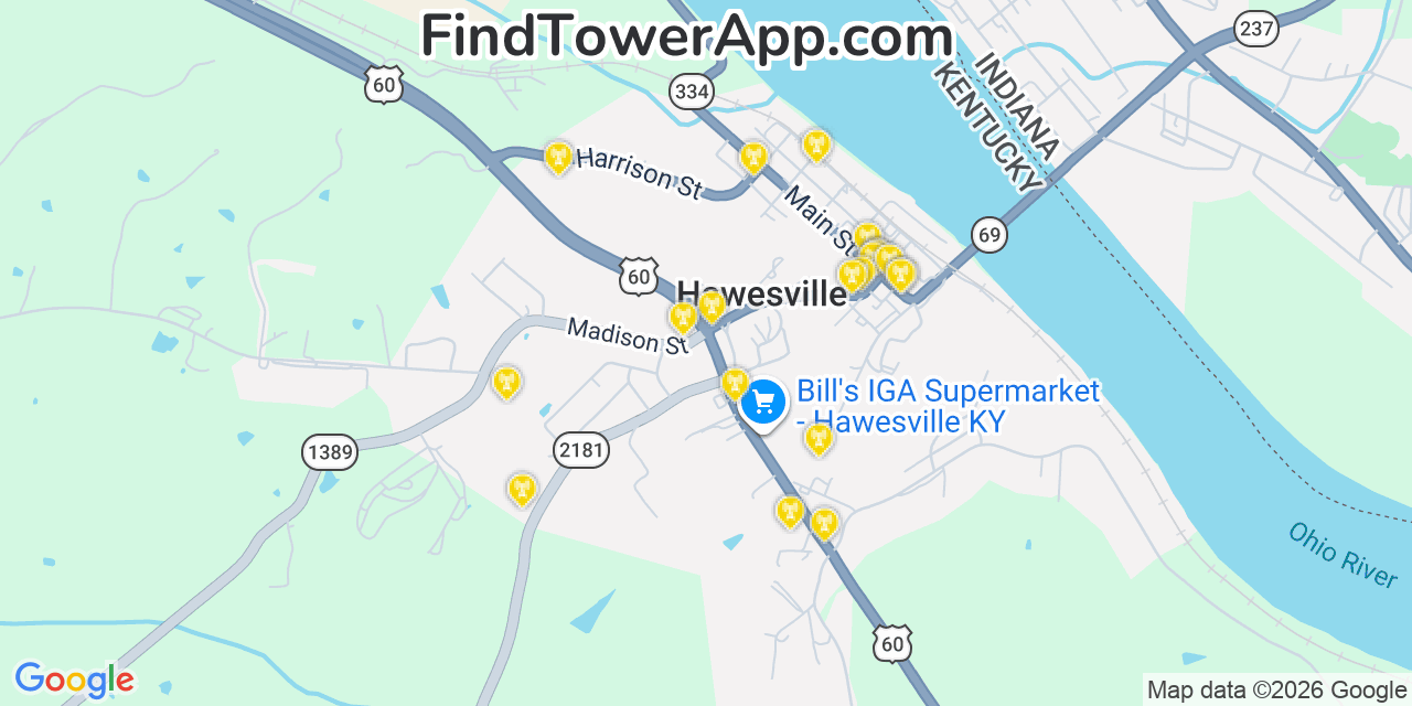 Map showing the 20 primary cell tower locations detected in Hawesville, Kentucky from AT&T, Verizon, and T-Mobile networks
