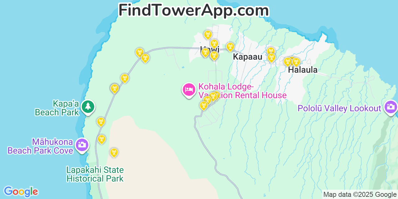 Map showing the 24 primary AT&T cell tower locations detected in Hāwī, Hawaii with coverage radius and signal strength indicators