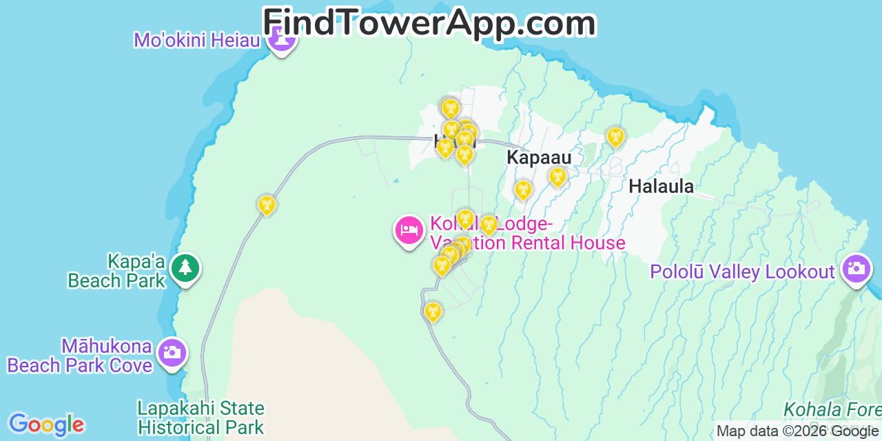Map showing the 20 primary cell tower locations detected in Hāwī, Hawaii from AT&T, Verizon, and T-Mobile networks