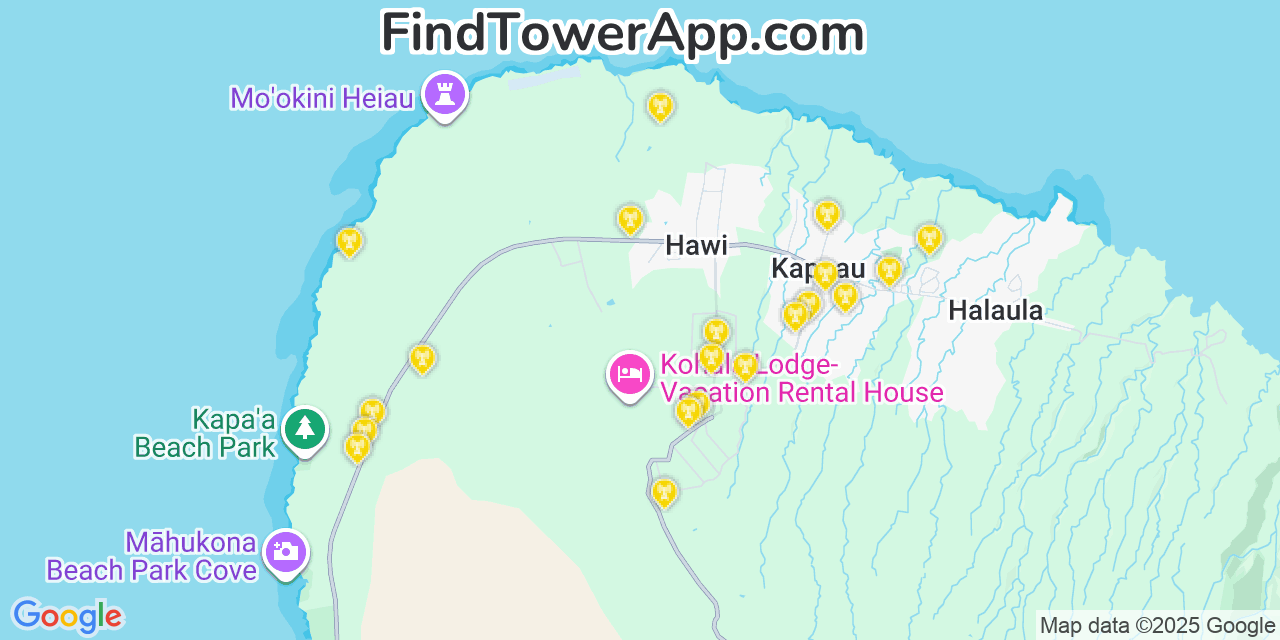 Map showing the 20 primary T-Mobile cell tower locations detected in Hāwī, Hawaii with coverage radius and signal strength indicators