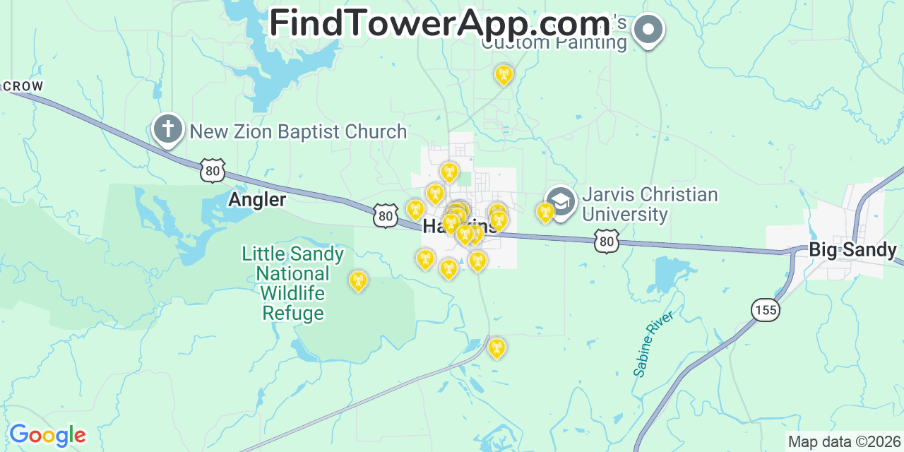 Map showing the 20 primary cell tower locations detected in Hawkins, Texas from AT&T, Verizon, and T-Mobile networks