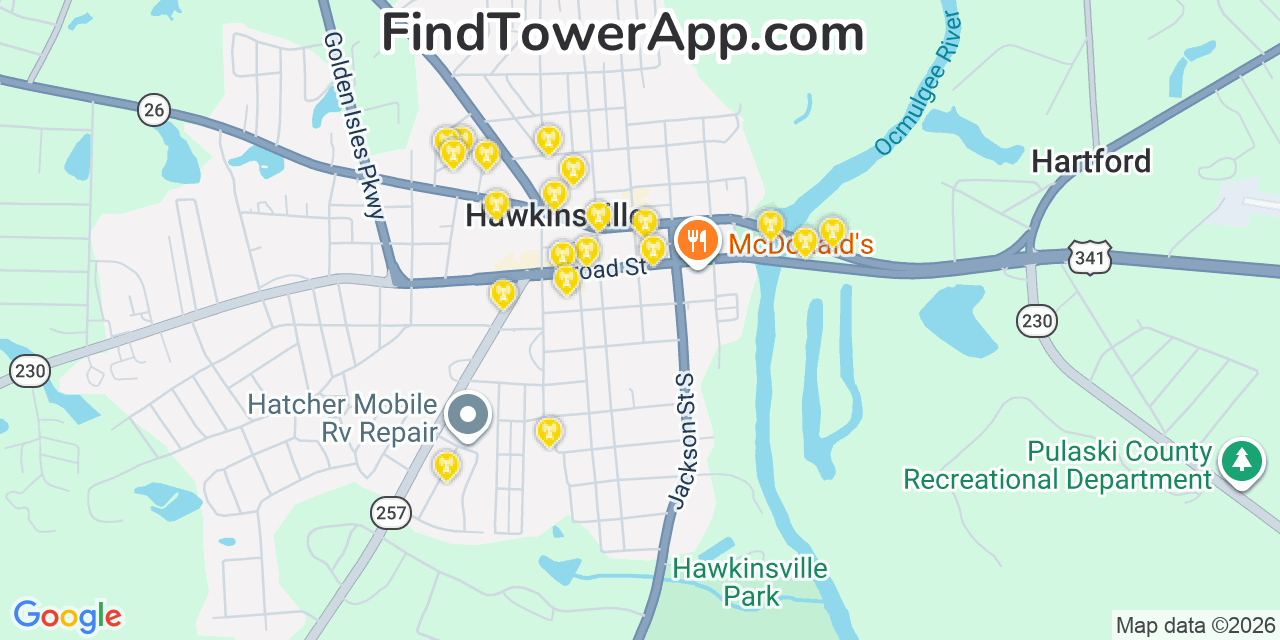 Map showing the 20 primary cell tower locations detected in Hawkinsville, Georgia from AT&T, Verizon, and T-Mobile networks