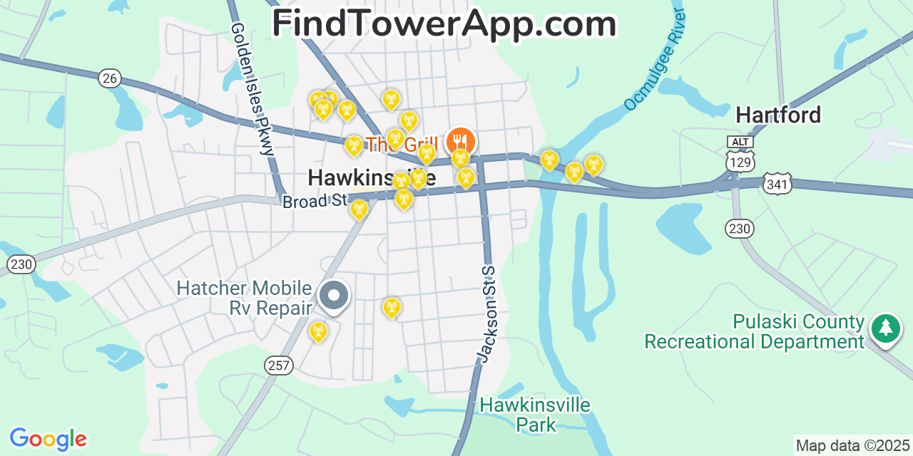 Map showing the 20 primary Mobitel cell tower locations detected in Hawkinsville, Georgia with coverage radius and signal strength indicators