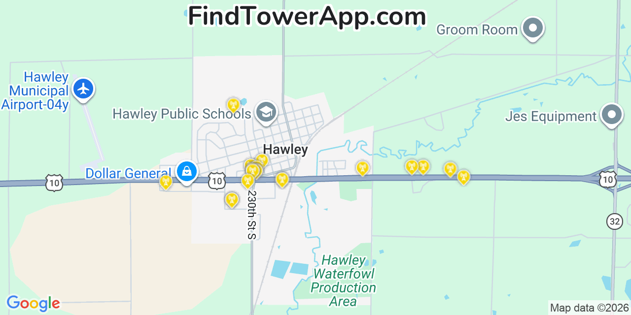 Map showing the 20 primary cell tower locations detected in Hawley, Minnesota from AT&T, Verizon, and T-Mobile networks