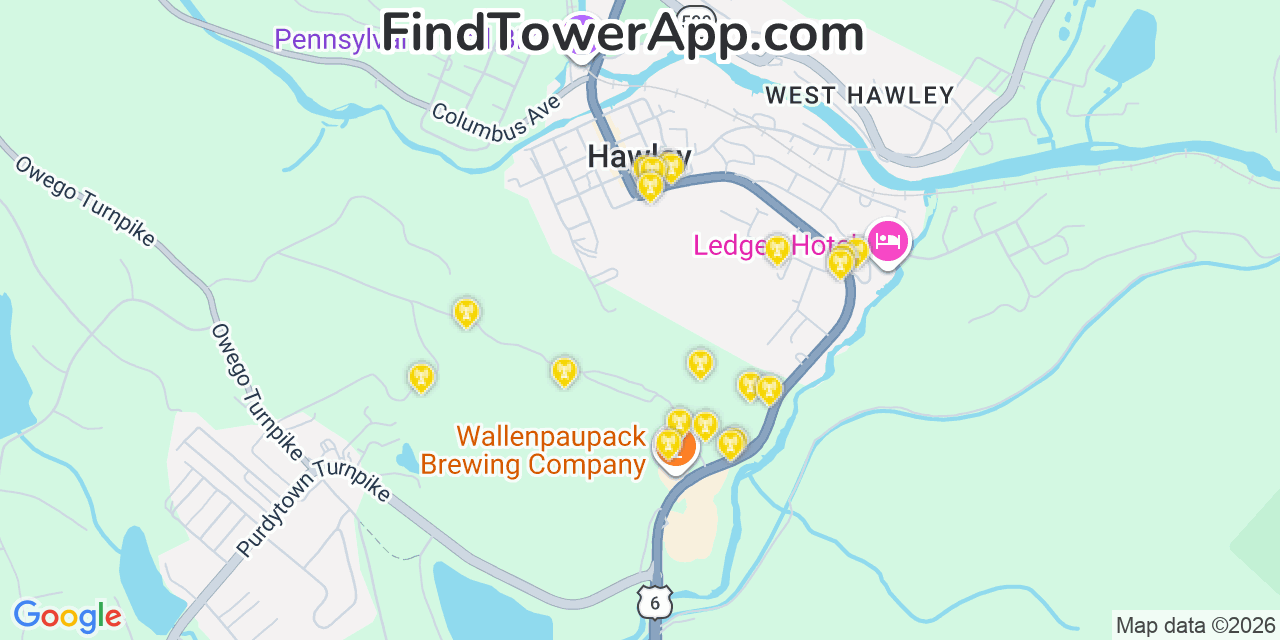 Map showing the 20 primary cell tower locations detected in Hawley, Pennsylvania from AT&T, Verizon, and T-Mobile networks