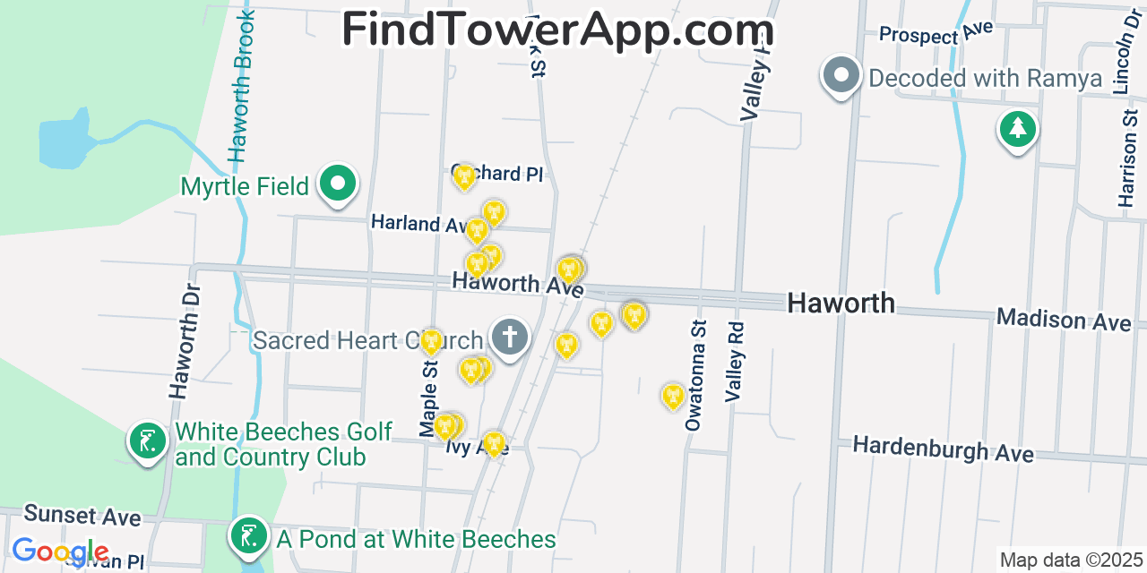Map showing the 20 primary cell tower locations detected in Haworth, New Jersey from AT&T, Verizon, and T-Mobile networks