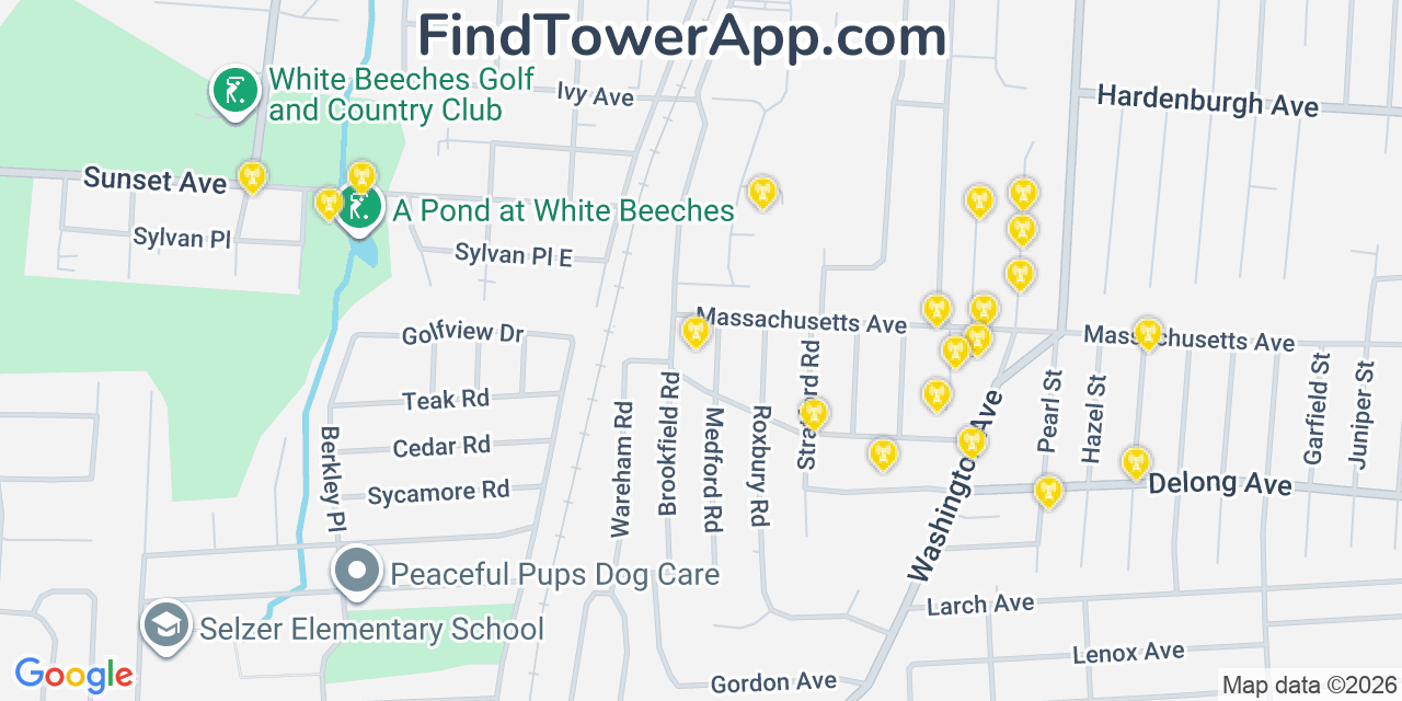 Map showing the 20 primary cell tower locations detected in Haworth, New Jersey from AT&T, Verizon, and T-Mobile networks
